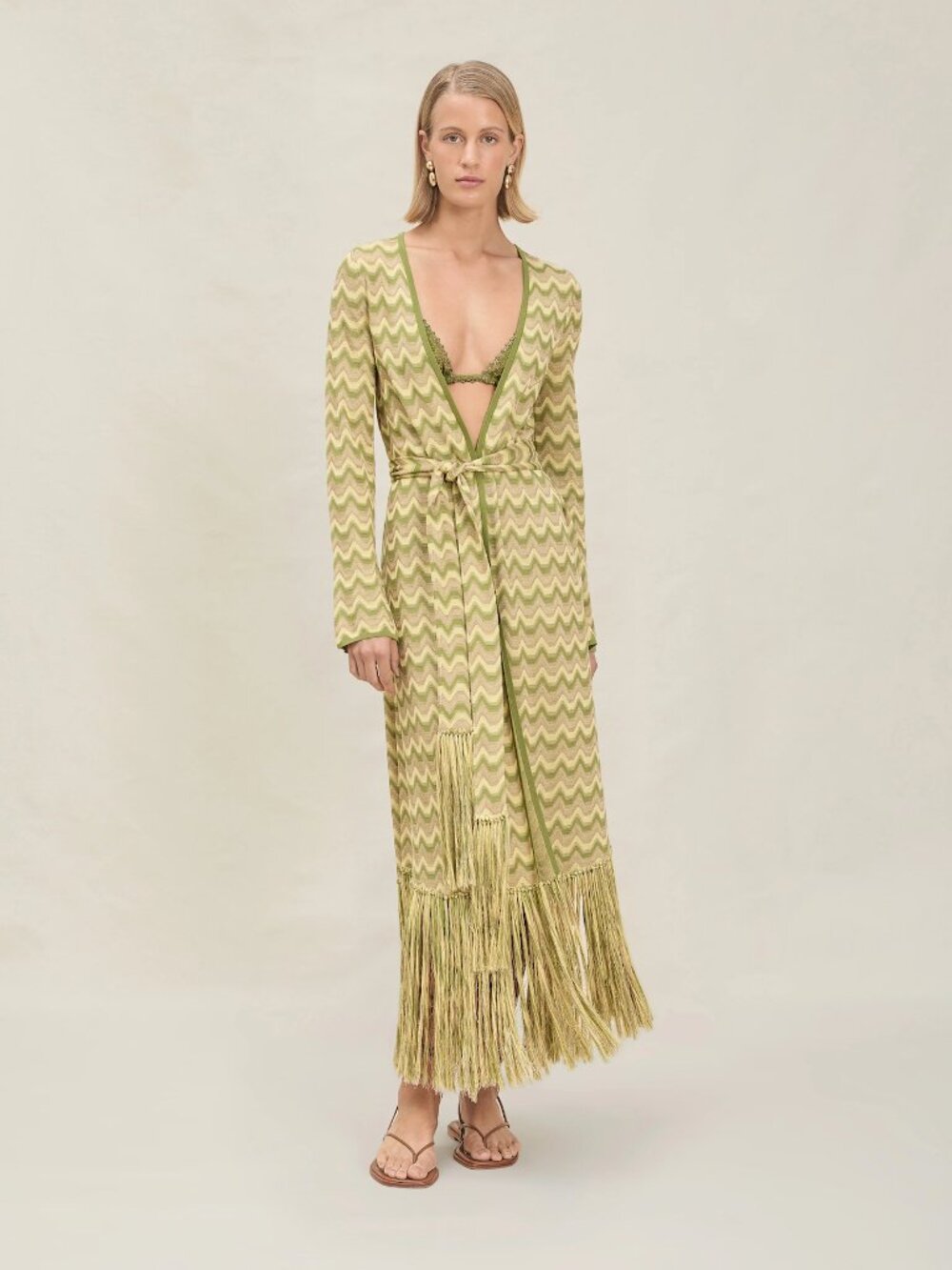 Devon Windsor Lia Robe Geometric Fringe Maxi Dress Green & Cream NWT